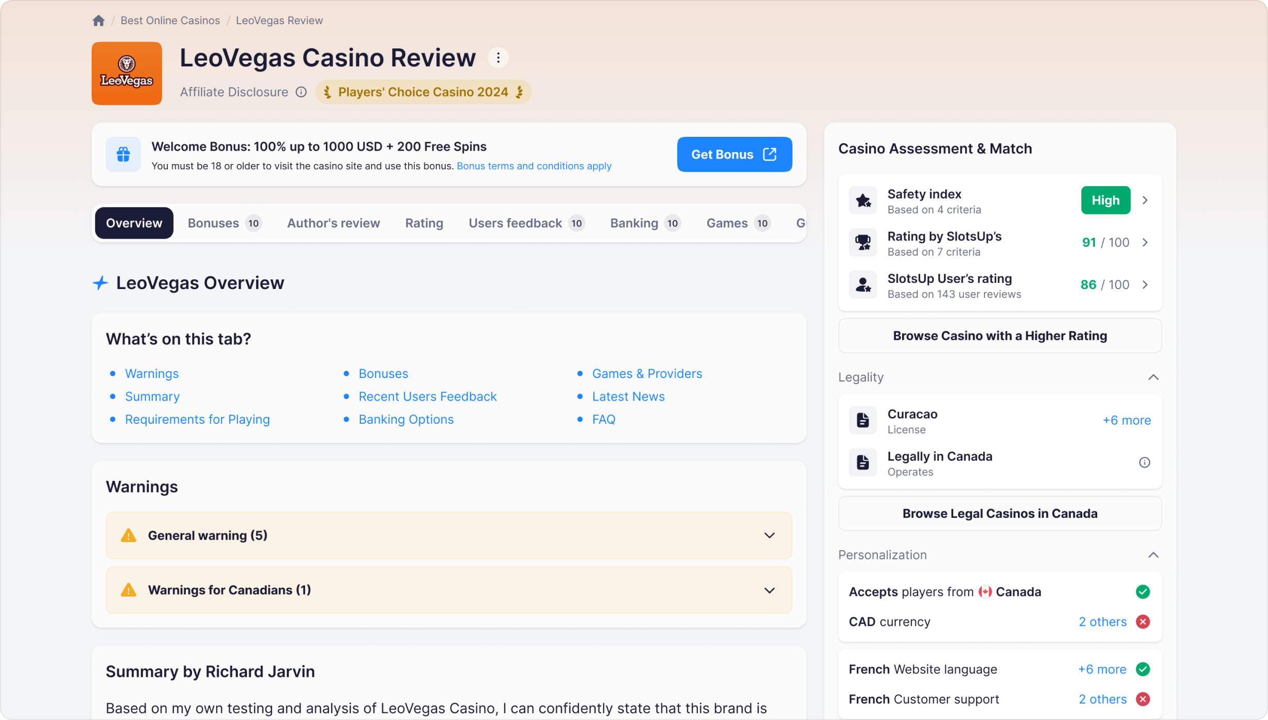 Casino Page after